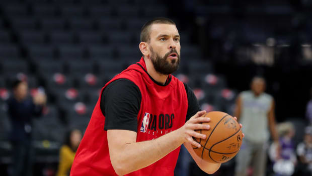 Mar 8, 2020; Sacramento, California, USA; Toronto Raptors center Marc Gasol (33) warms up before the game against the Sacramento Kings at Golden 1 Center. Mandatory Credit: Sergio Estrada-USA TODAY Sports